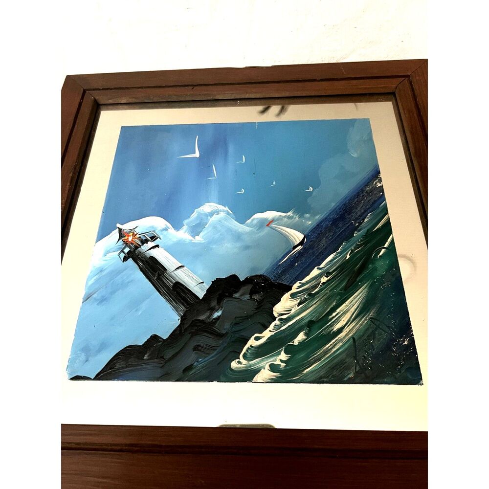RARE 1996 Lighthouse Scene Painted on Mirror Signed Art Piece by Tom Dunham - Picture 6 of 9
